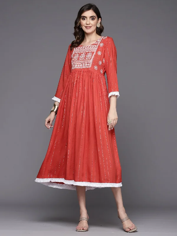 Women's Rust Embroidered A-Line Ethnic Dress - Indo Era