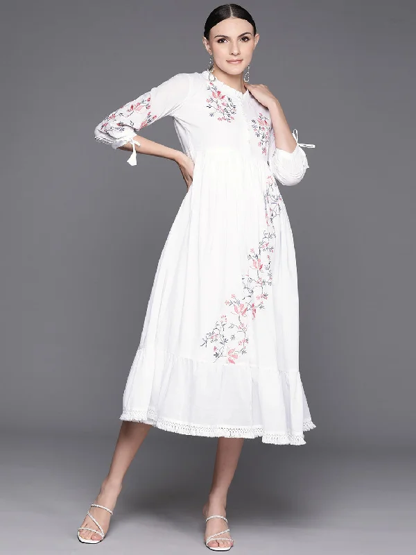 Women's White Embroidered A-Line Ethnic Dress - Indo Era