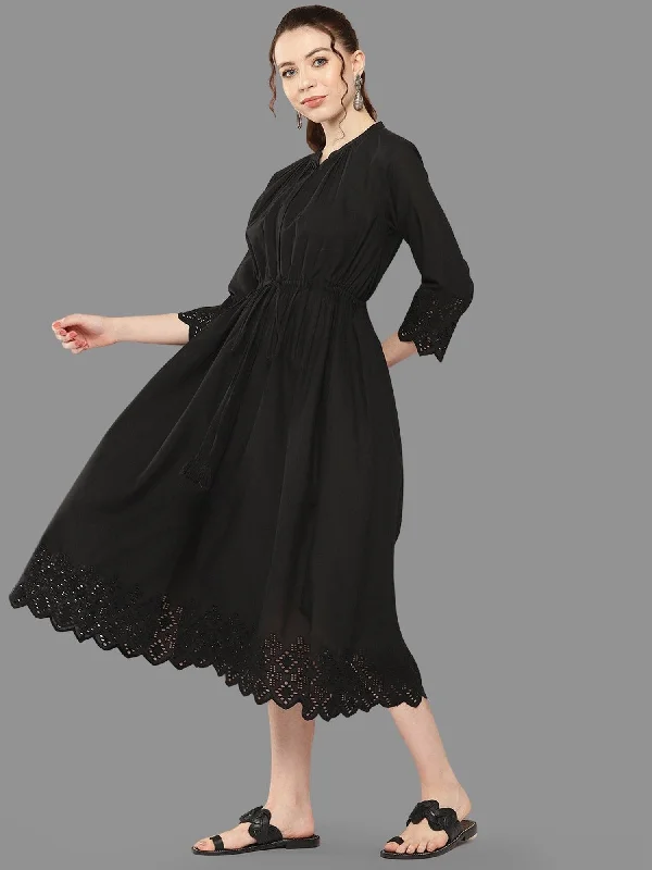 Women's Cotton Solid Black Casual Dress - Janasya