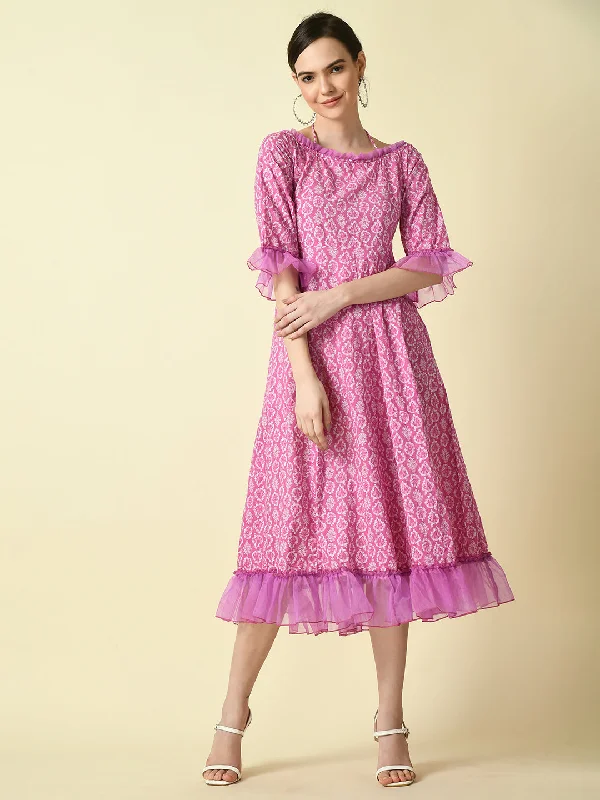Women's Pink Empire Printed Dress - Myshka