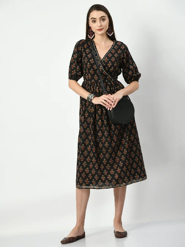 Women's Black Empire Printed Dress - Myshka