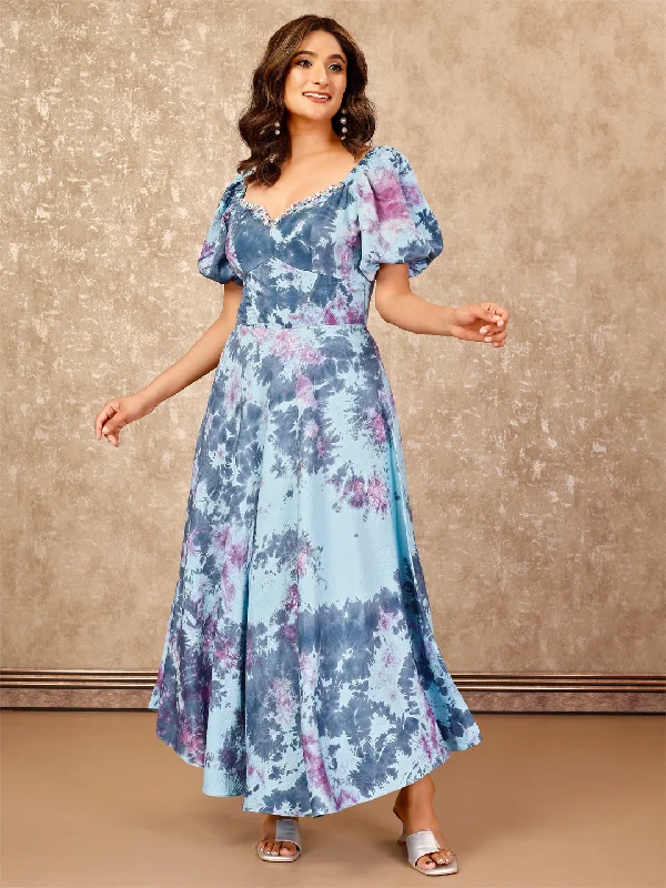 Women's Elegant Tie N Dye Corset Dress In Modal Twill With Sweetheart Neckline & Raglan  Sleeves-Blue - Komarri