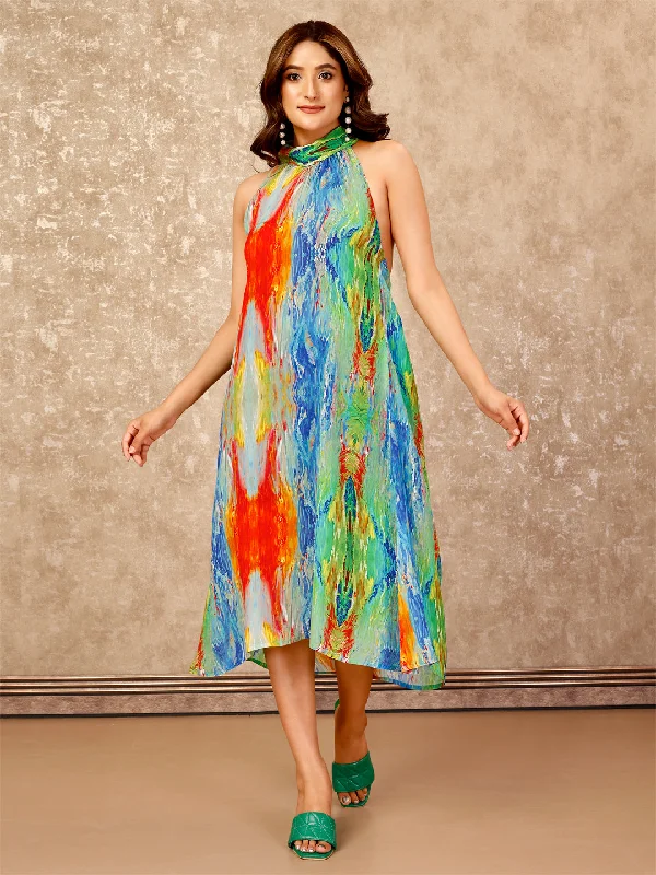 Women's Elegant Halter Neck Backless A-Line Natural Crepe Dress-Multicolour - Komarri