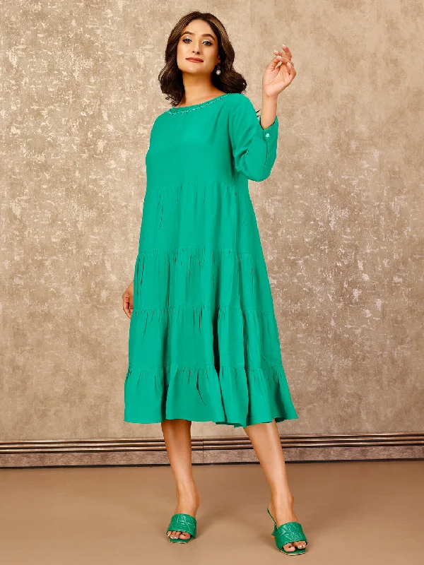 Women's Elegant Tiered Pure Viscose Moroccan Crepe  Dress With Wooden  Beads & Embrodiery On Neck Line -Green - Komarri
