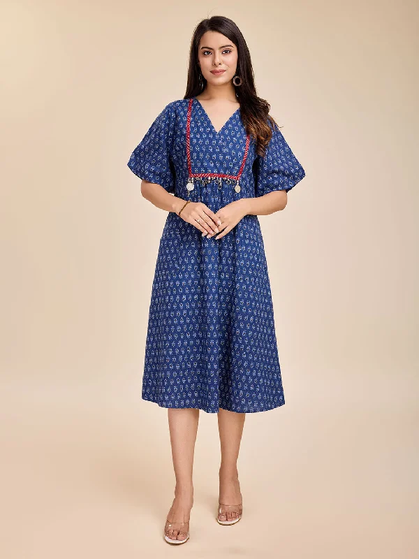 Women's Elegant Indigo Block Print Cotton Dress With Oxidised Hand Embelishments With Bishop Sleeves-Blue - Komarri