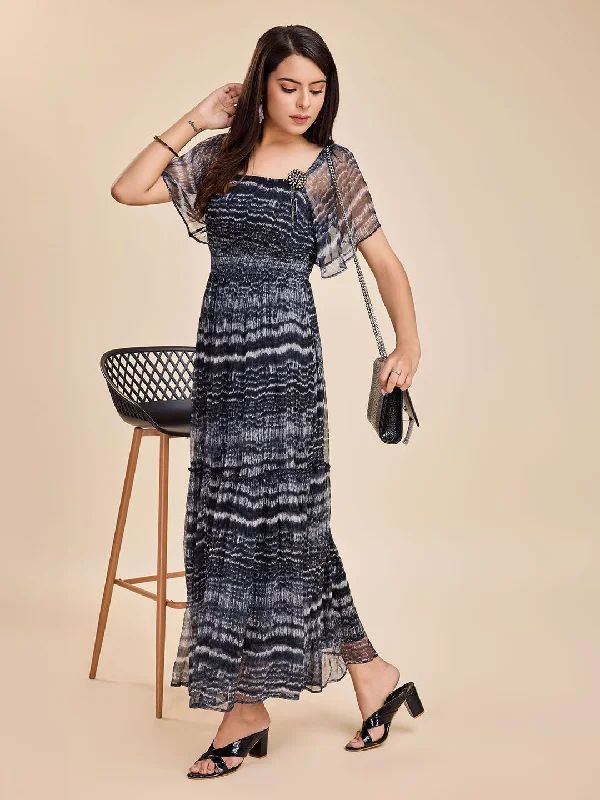 Women's Elegant Cupro Chiffon Shibori Smocking Dress With Butter Fly Sleeves-Black - Komarri