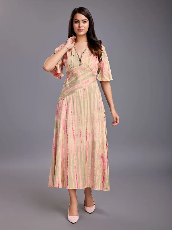Women's Elegant Shibori Printed Styline Modal Twill Dress With Hand Embroidery On Neck Line -Multicolour - Komarri