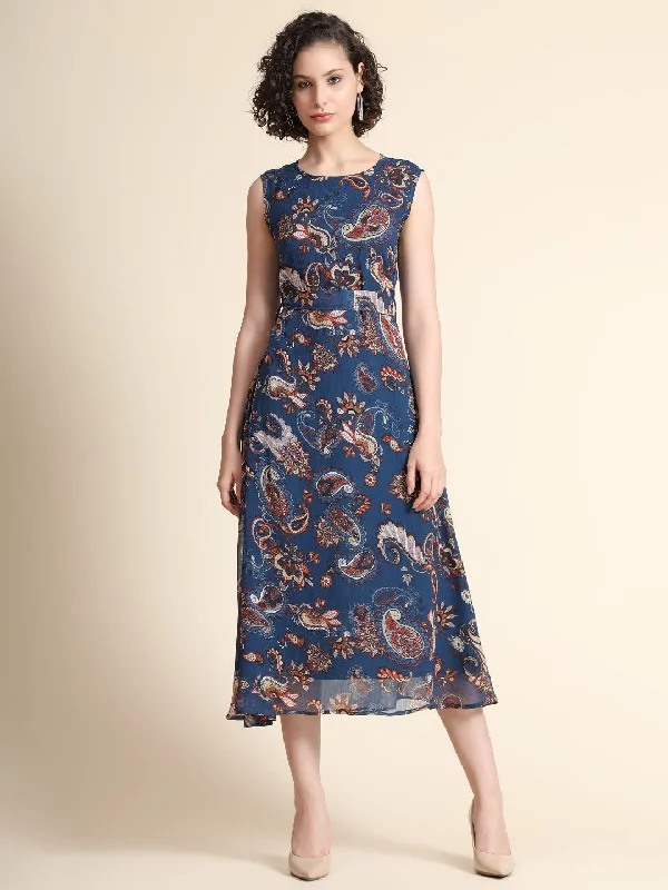 Women's Navy Blue Georgette Paisley Print Straight Western Dress - Keri Perry