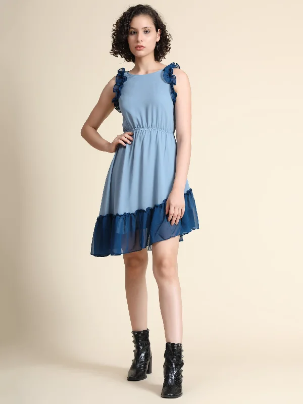 Women's Pastel Blue Georgette Solid High Low Western Dress - Keri Perry