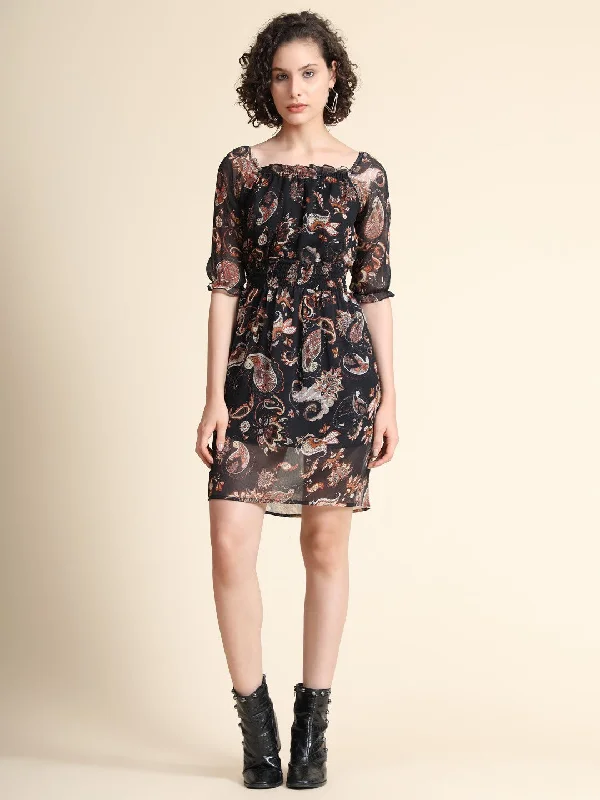 Women's Black Georgette Paisley Print Straight Western Dress - Keri Perry