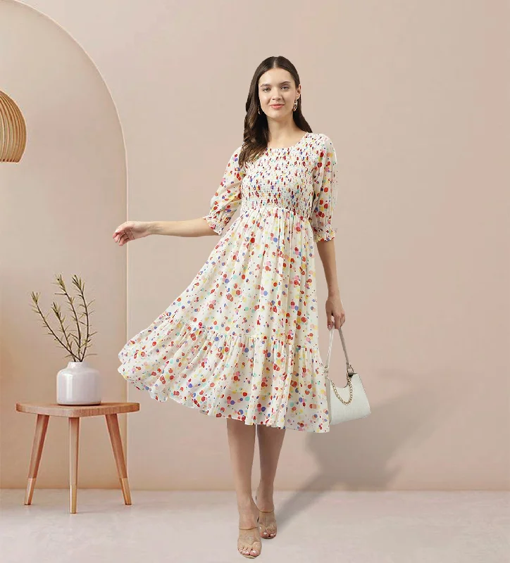 Women's White Georgette Polka Dot Tiered Western Dress - Keri Perry