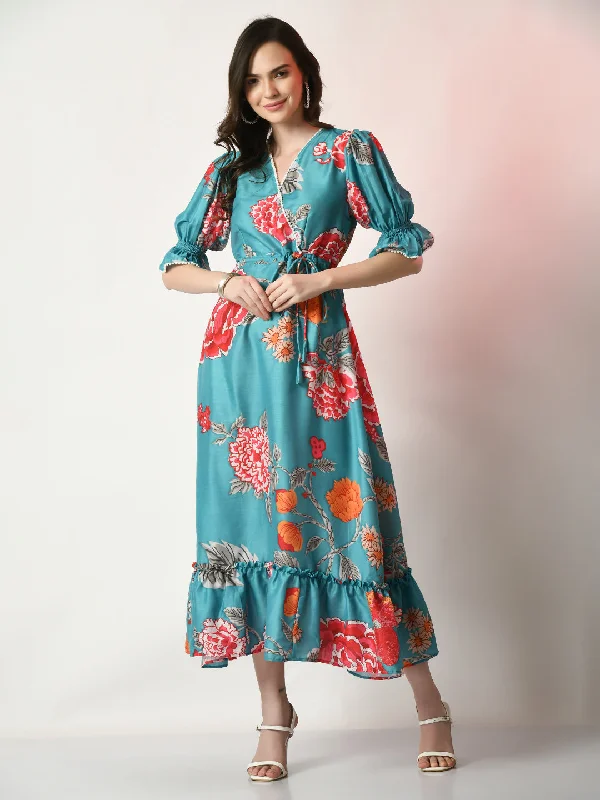 Women's Sea Green Printed  Dress  - Myshka
