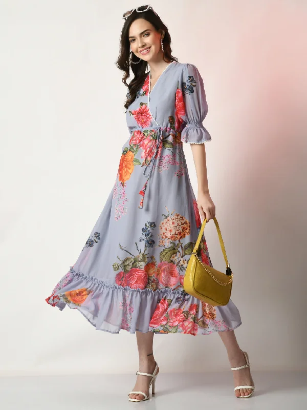 Women's Grey Printed  Dress  - Myshka