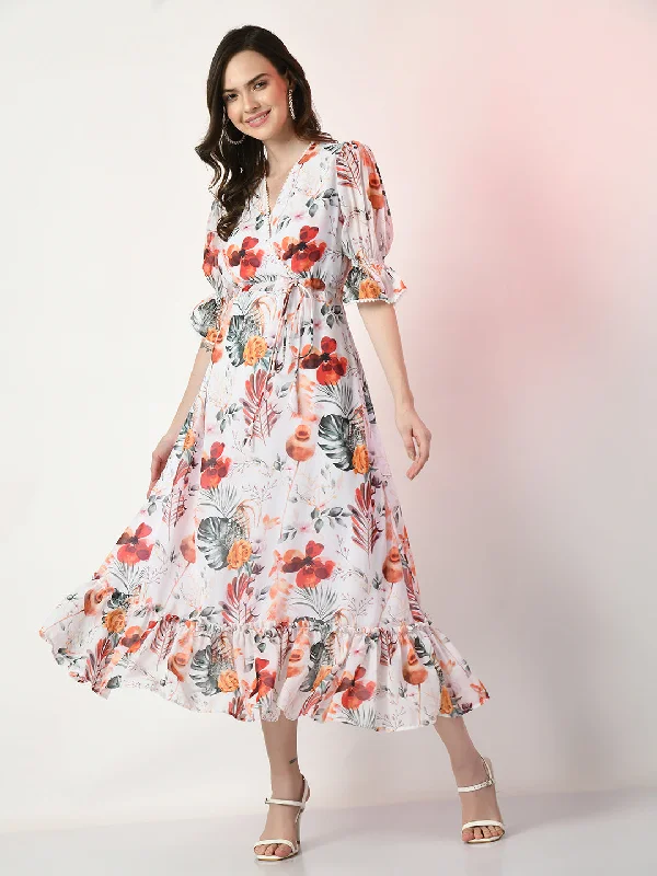 Women's White Printed  Dress  - Myshka