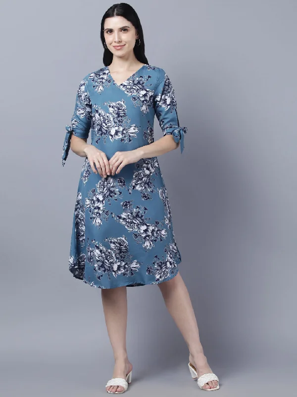 Women's Teal Blue  Grey Printed A-Line Dress - Myshka