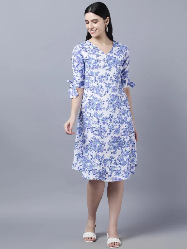 Women's White  Blue Printed A-Line Dress - Myshka
