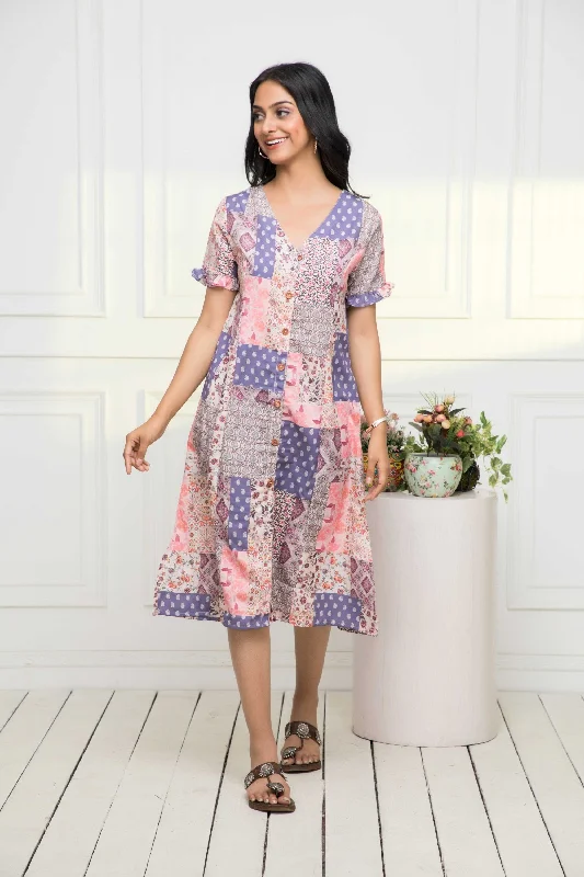 Women's Multi Geometric Rayon A-Line Round Neck Dress - Myshka
