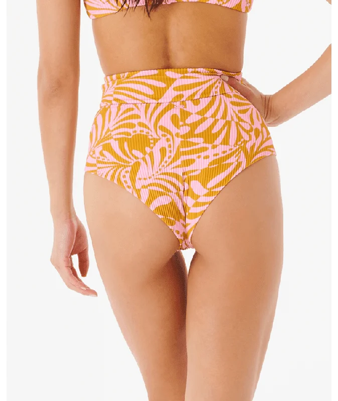 RIP CURL Women's High Waist Cheeky Pant Bikini Bottom Pink Bikini with scalloped edges, Feminine, Stylish, Trendy