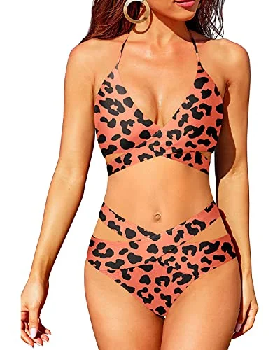 Flattering High Waisted Bikini Bottoms With Defined Waistline-Orange And Leopard Button-up bikini top, Trendy, Sexy, Comfortable
