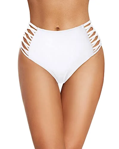 Strappy Full Coverage High Waisted Bikini Bottom-White V-shaped bikini, Trendy, Sexy, Comfortable