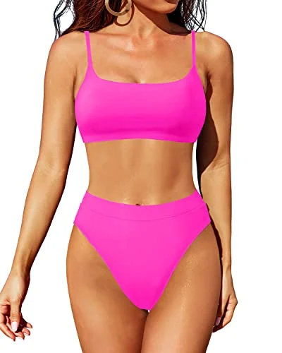Scoop Neck High Waisted Bikini Set With Bottom For Women-Neon Pink Bikini with front tie, Sexy, Comfortable, Stylish