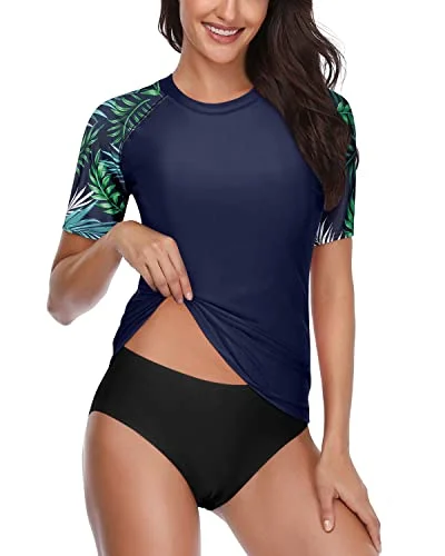 Short Sleeve Women's Upf 50+ Spf Rash Guard Set With Bikini Bottom-Blue Leaf High-waist bikini, Retro style, Trendy, Comfortable
