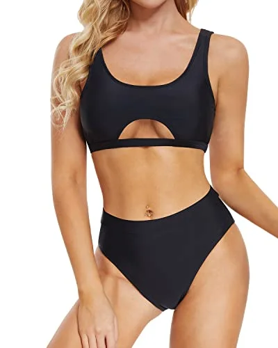 Underboob Two Piece Bikini For Women High Waisted Bathing Suit-Black Seamless bikini, Smooth, Comfortable, Sexy